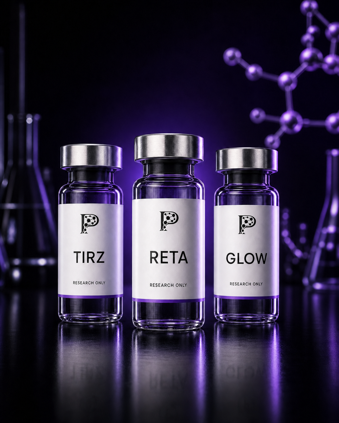 Three P-Peptides research vials with molecular P branding, labelled TIRZ, RETA and GLOW